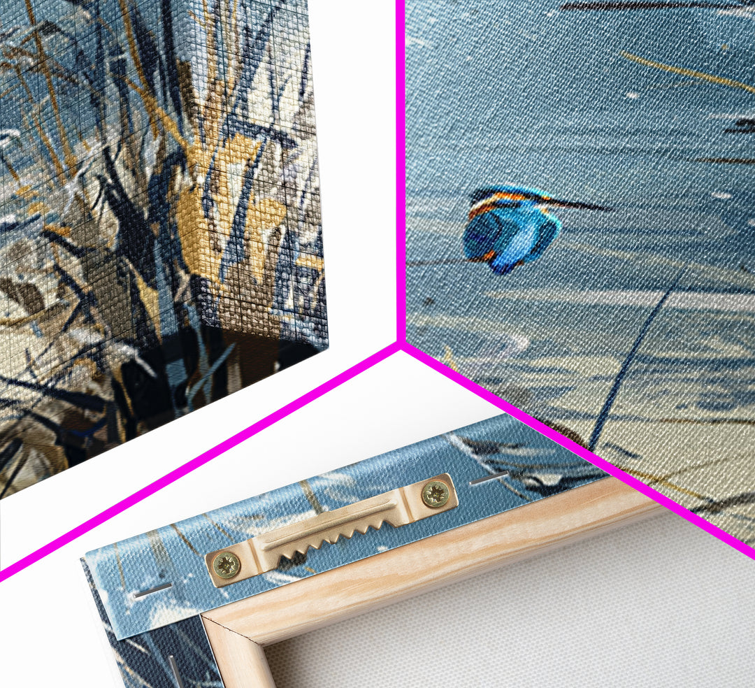 Kingfisher Diving Toward Blue Water Framed Canvas Print, Bird Art, Contemporary Art, Living Room Decor, Fine Art, Flight, BIR-2x3-43