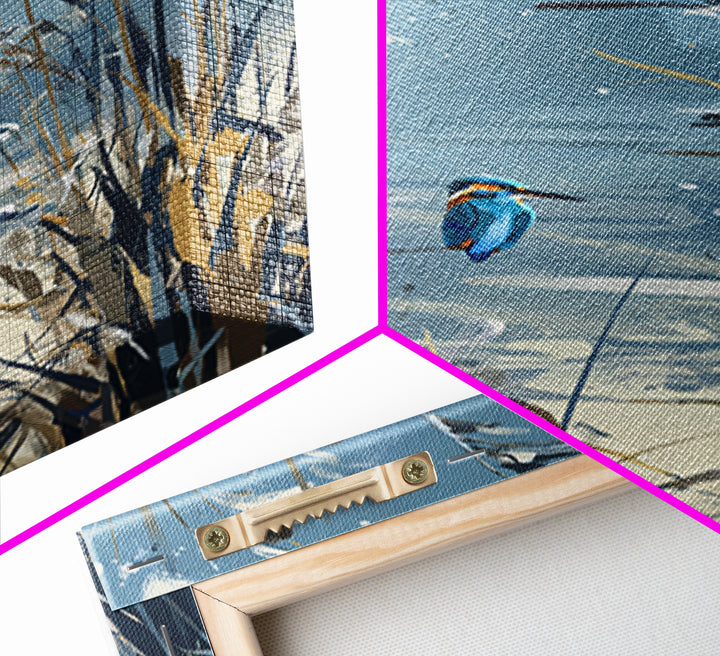 Kingfisher Diving Toward Blue Water Framed Canvas Print, Bird Art, Contemporary Art, Living Room Decor, Fine Art, Flight, BIR-2x3-43