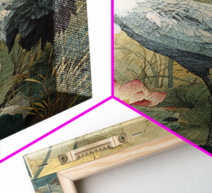 Crane and Lotus Composition Framed Canvas Print, Bird Art, Watercolor Painting, Living Room Decor, Flight, Living Room Art, BIR-2x3-73