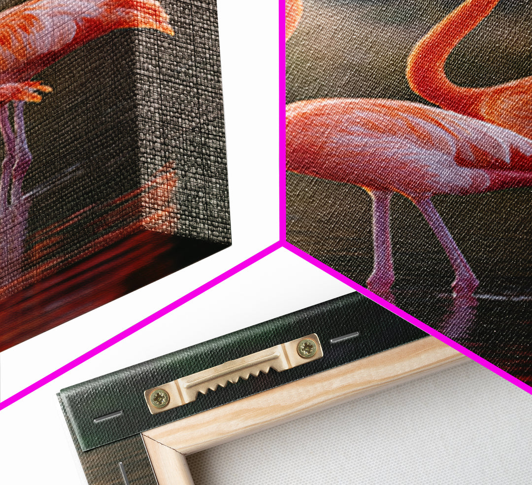 Flamingo Pair in Coral Water Reflections Framed Canvas Print, Bird Art, Original Art, Living Room Decor, Fine Art, Flight, BIR-2x3-90