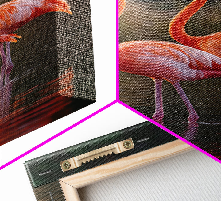 Flamingo Pair in Coral Water Reflections Framed Canvas Print, Bird Art, Original Art, Living Room Decor, Fine Art, Flight, BIR-2x3-90