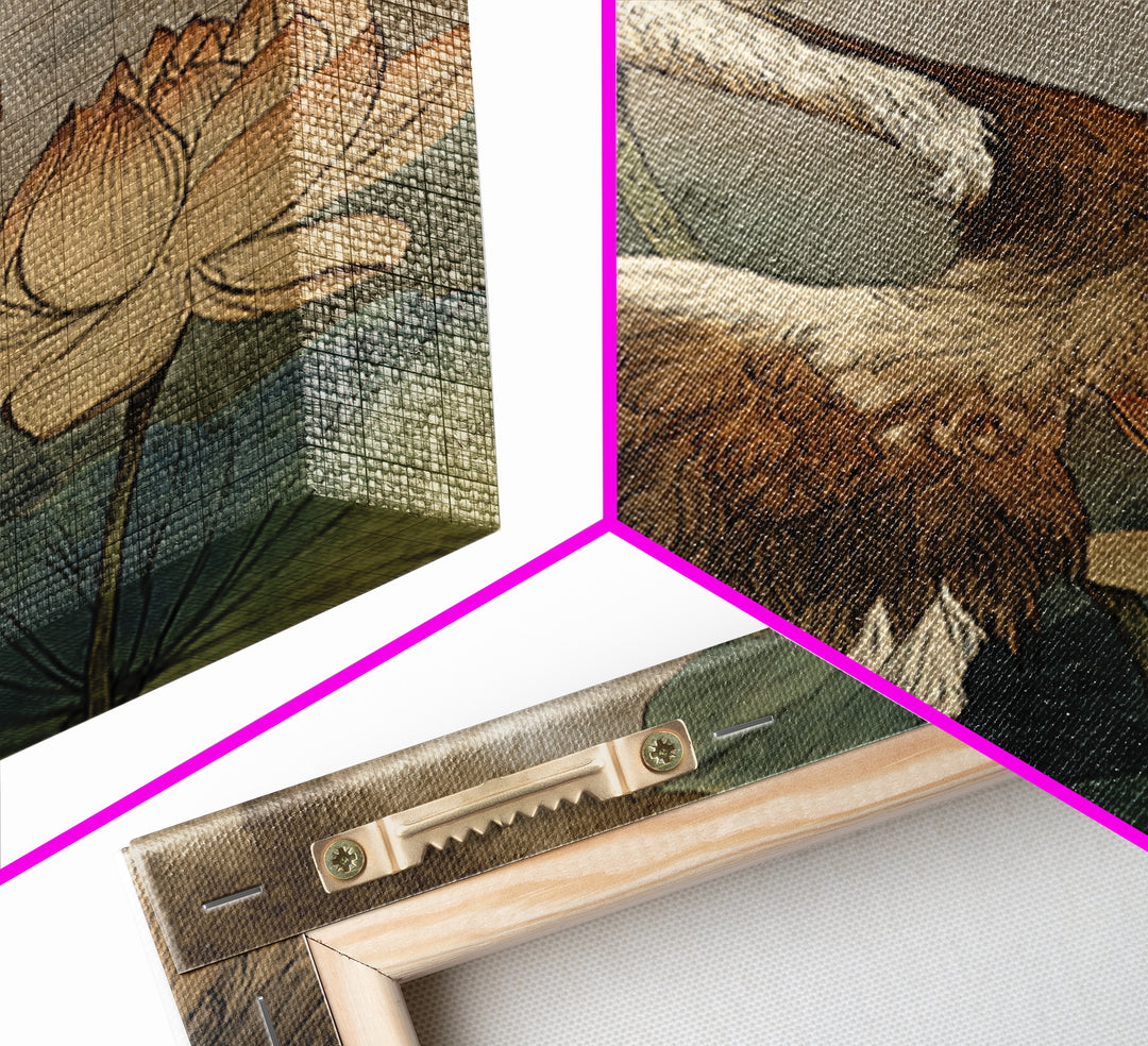 Crane and Lotus Composition Framed Canvas Print, Bird Art, Watercolor Painting, Living Room Decor, Flight, Living Room Art, BIR-2x3-97