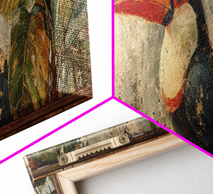 Toucan Framed by Bold Jungle Foliage Framed Canvas Print, Bird Art, Rustic Home Decor, Living Room Decor, Fine Art, Flight, BIR-3x1-15