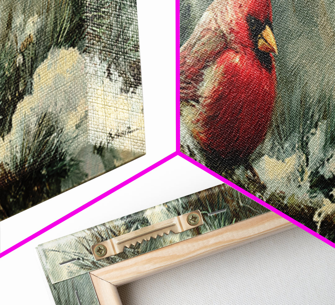 Red Cardinal on Snowy Pine Branch Framed Canvas Print, Bird Art, Botanical Wall Art, Living Room Decor, Watercolor Art, Flight, BIR-3x1-17