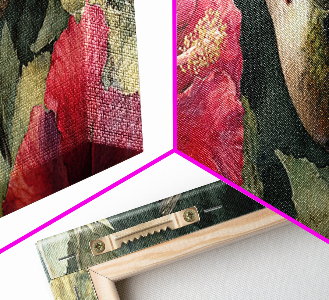 Hummingbird Hovering Beside Bright Hibiscus Canvas Print, Bird Art, Bird Wall Art, Living Room Decor, Fine Art, Flight, BIR-3x1-20