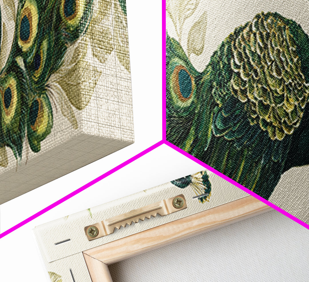 Peacock with Jewel Tone Feather Pattern Framed Canvas Print, Bird Art, Boho Decor, Living Room Decor, Fine Art, Flight, BIR-3x1-23