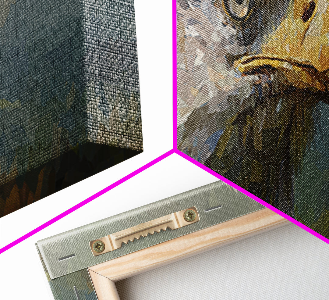 Eagle Portrait with Dramatic Mountain Wind Framed Canvas Print, Bird Art, Rustic Home Decor, Living Room Decor, Oil Painting, BIR-3x1-28