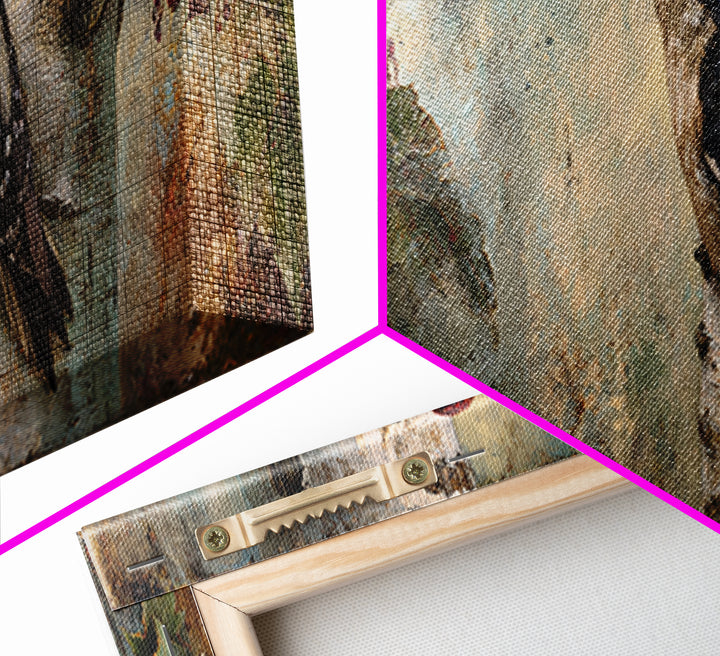 Woodpecker on Birch Bark Texture Framed Canvas Print, Bird Art, Modern Art, Living Room Decor, Watercolor Art, Flight, BIR-3x1-37