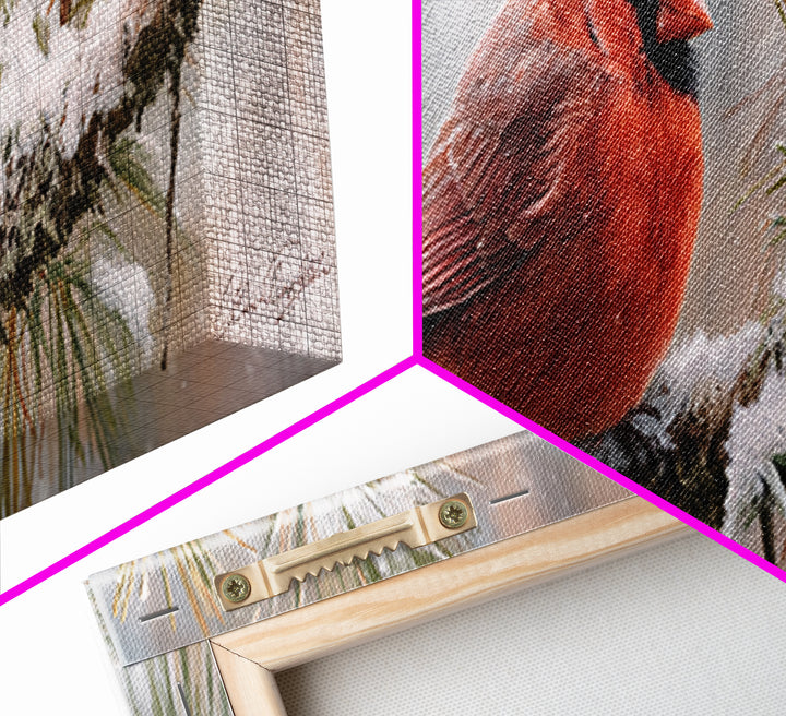 Red Cardinal on Snowy Pine Branch Canvas Print, Bird Art, Nature Prints, Living Room Decor, Fine Art, Flight, Boho Decor, BIR-3x1-41