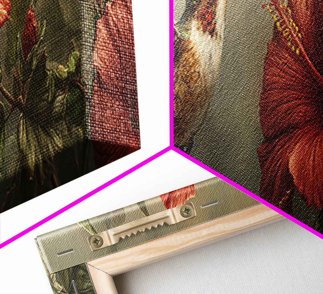 Hummingbird Hovering Beside Bright Hibiscus Framed Canvas Print, Bird Art, Neutral Decor, Living Room Decor, Fine Art, Flight, BIR-3x1-44
