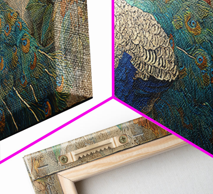 Peacock with Jewel Tone Feather Pattern Framed Canvas Print, Bird Art, Digital Prints, Living Room Decor, Oil Painting, Flight, BIR-3x1-47