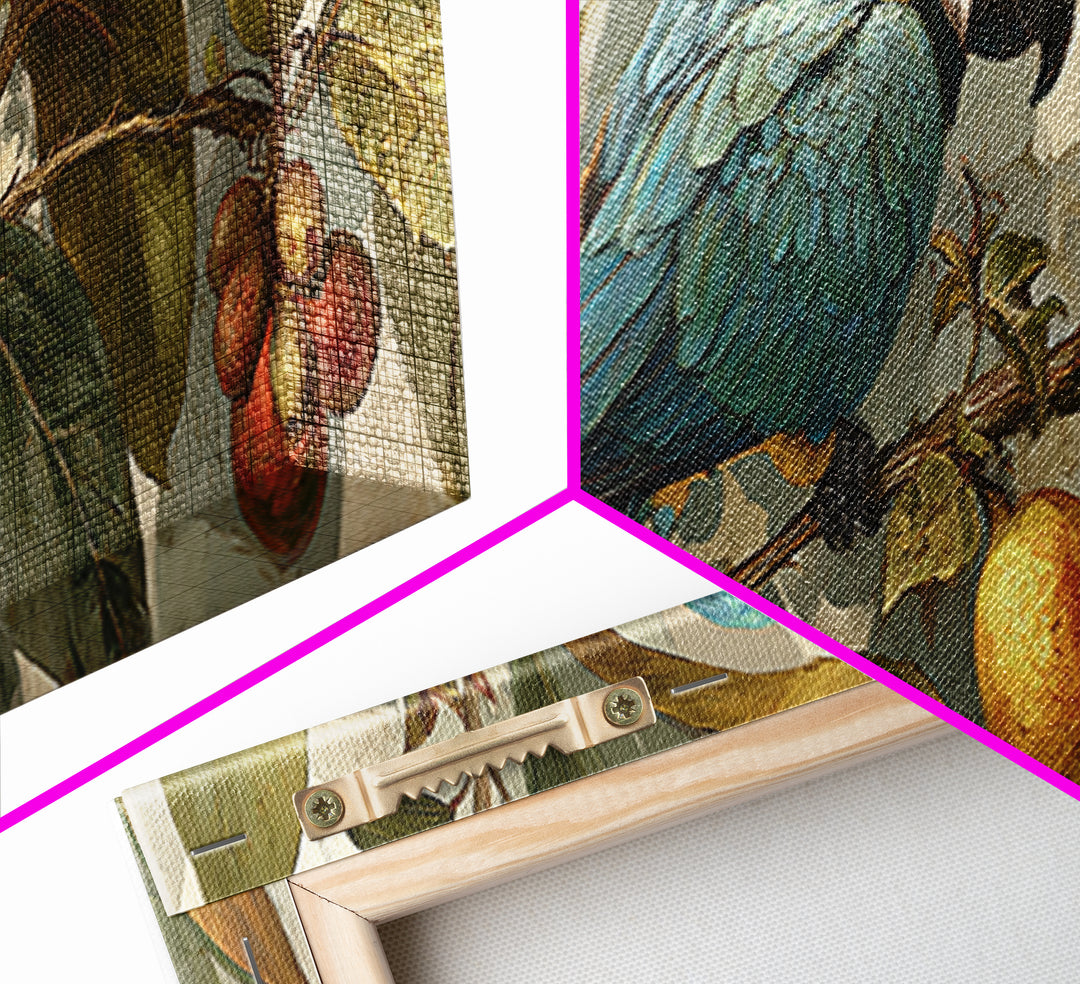 Parrot Among Tropical Leaves and Fruit Framed Canvas Print, Bird Art, Bird Prints, Living Room Decor, Fine Art, Flight, BIR-3x1-53