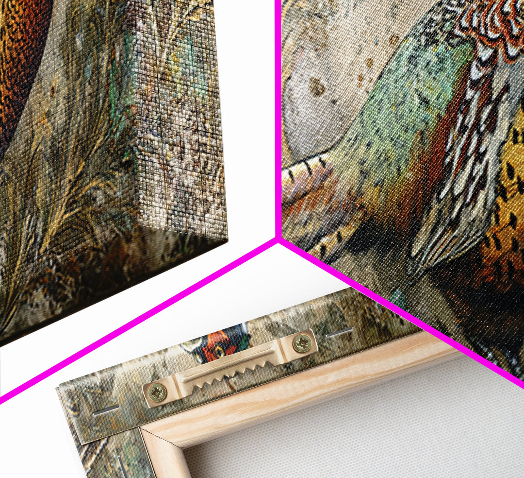Pheasant with Ornate Feather Details Framed Canvas Print, Bird Art, Wall Art, Living Room Decor, Flight, Japanese Wall Art, BIR-3x1-59