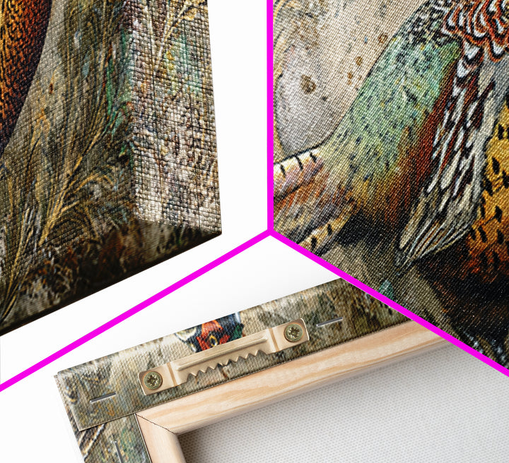 Pheasant with Ornate Feather Details Framed Canvas Print, Bird Art, Wall Art, Living Room Decor, Flight, Japanese Wall Art, BIR-3x1-59