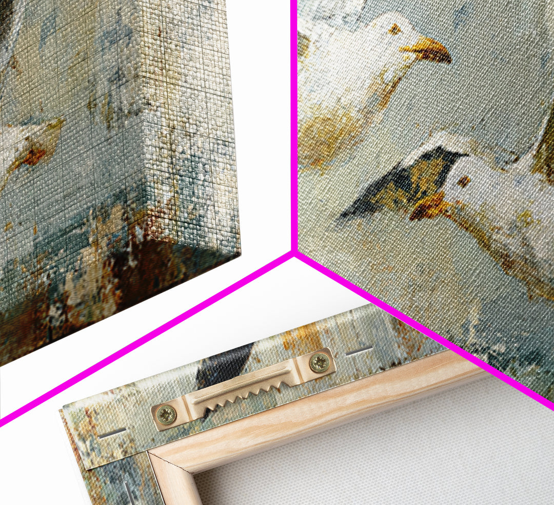 Seagulls Above a Pale Beach Horizon Framed Canvas Print, Bird Art, Boho Decor, Living Room Decor, Oil Painting, Flight, BIR-3x1-60