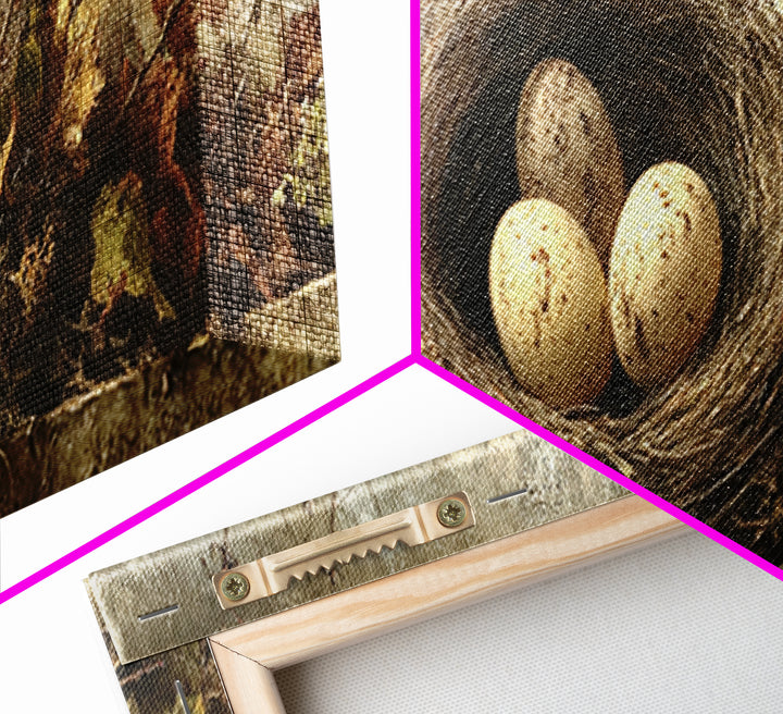 Bird Nest with Eggs and Delicate Twigs Canvas Print, Bird Art, Gallery Decor, Living Room Decor, Oil Painting, Flight, BIR-3x1-62