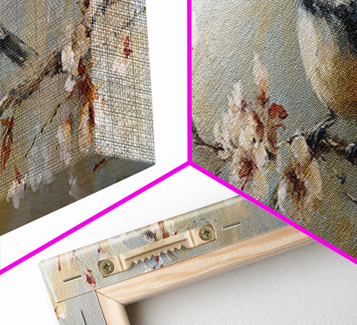 Songbird Perched on Cherry Blossoms Framed Canvas Print, Bird Art, Wall Art, Living Room Decor, Flight, Japanese Wall Art, BIR-3x1-72