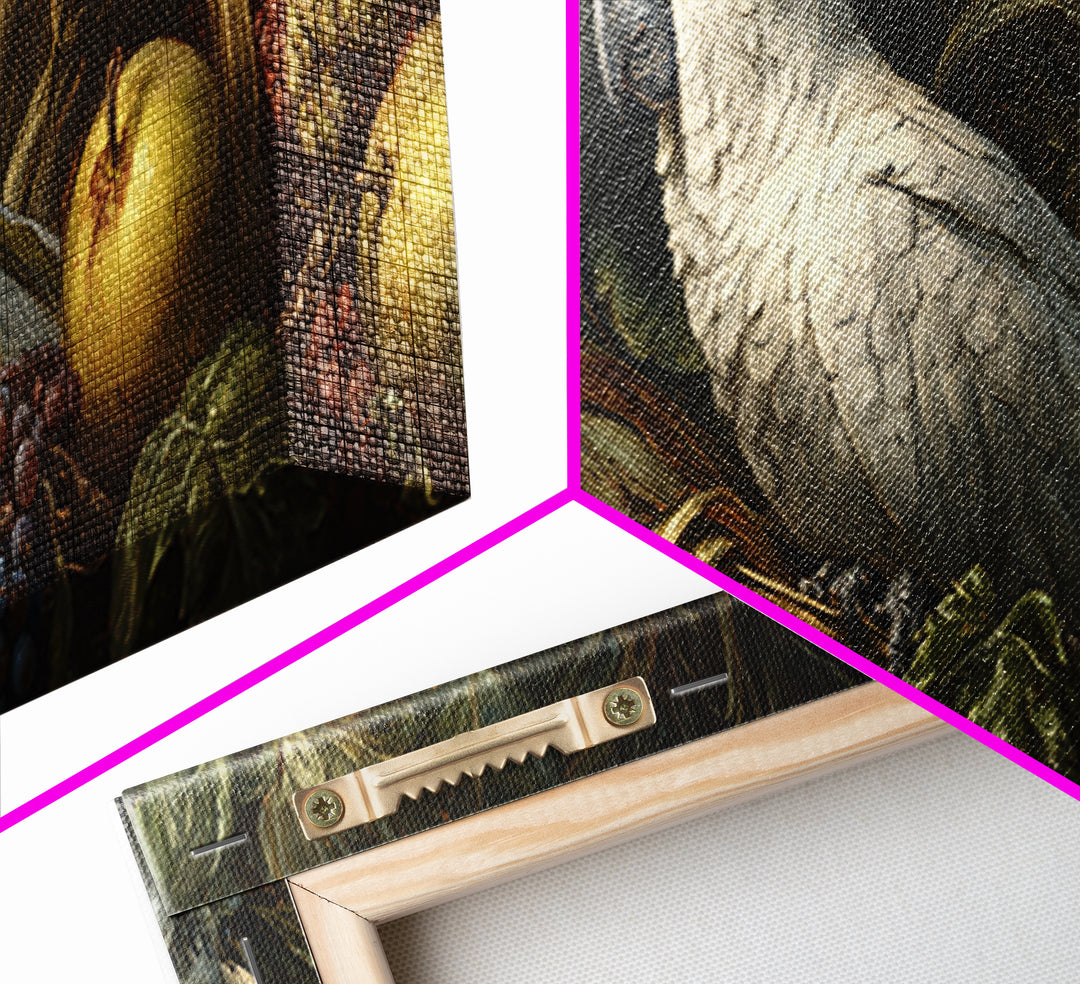 Parrot Among Tropical Leaves and Fruit Framed Canvas Print, Bird Art, Bird Prints, Living Room Decor, Fine Art, Flight, BIR-3x1-77