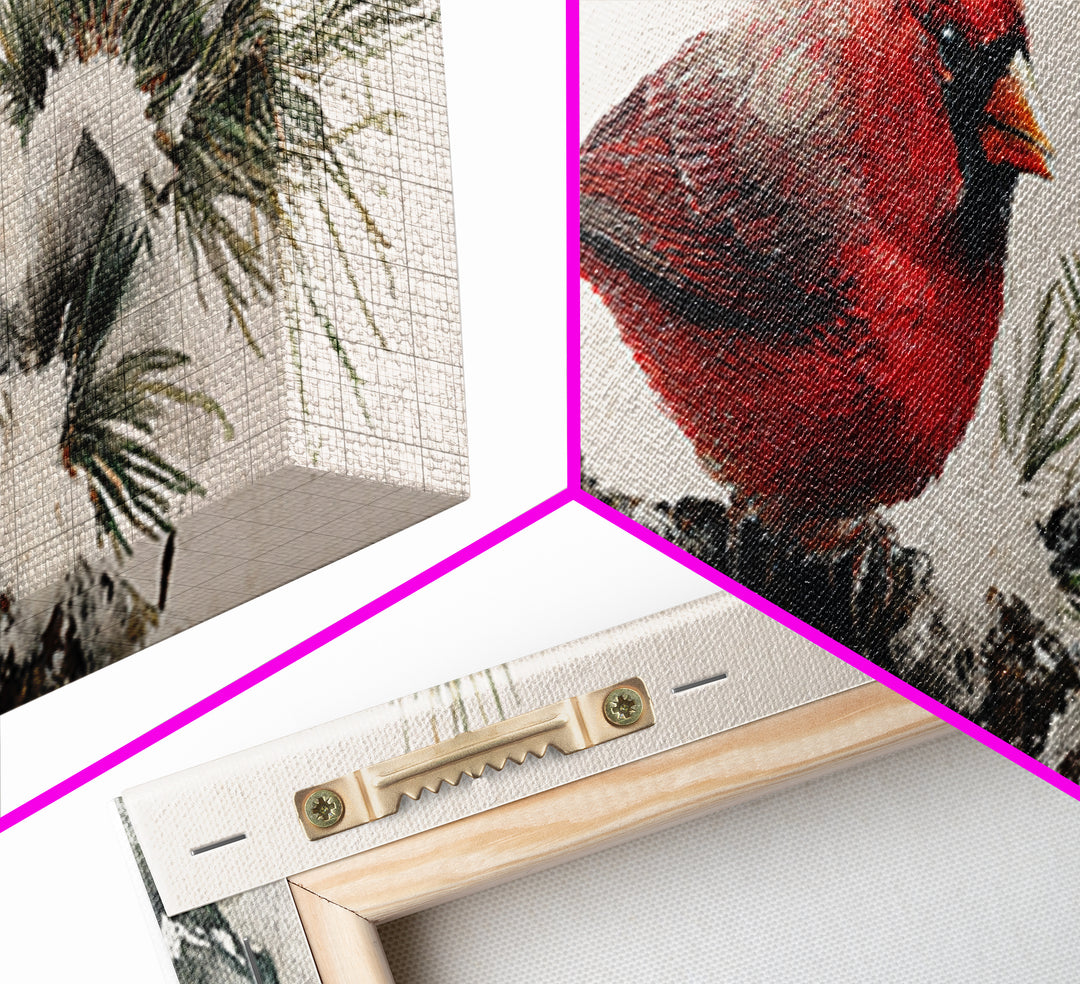 Red Cardinal on Snowy Pine Branch Framed Canvas Print, Bird Art, Floral Art, Living Room Decor, Fine Art, Flight, BIR-3x1-89