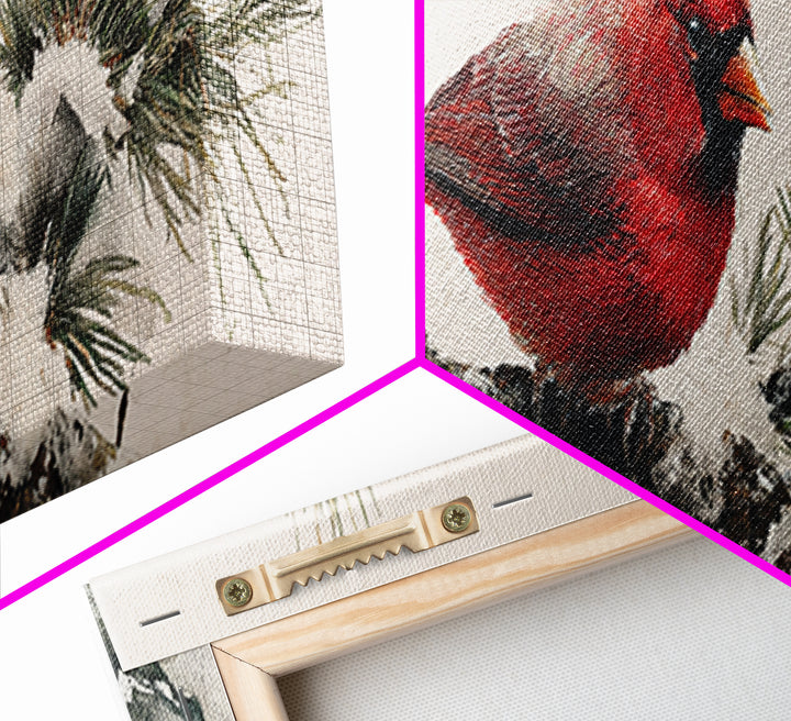 Red Cardinal on Snowy Pine Branch Framed Canvas Print, Bird Art, Floral Art, Living Room Decor, Fine Art, Flight, BIR-3x1-89