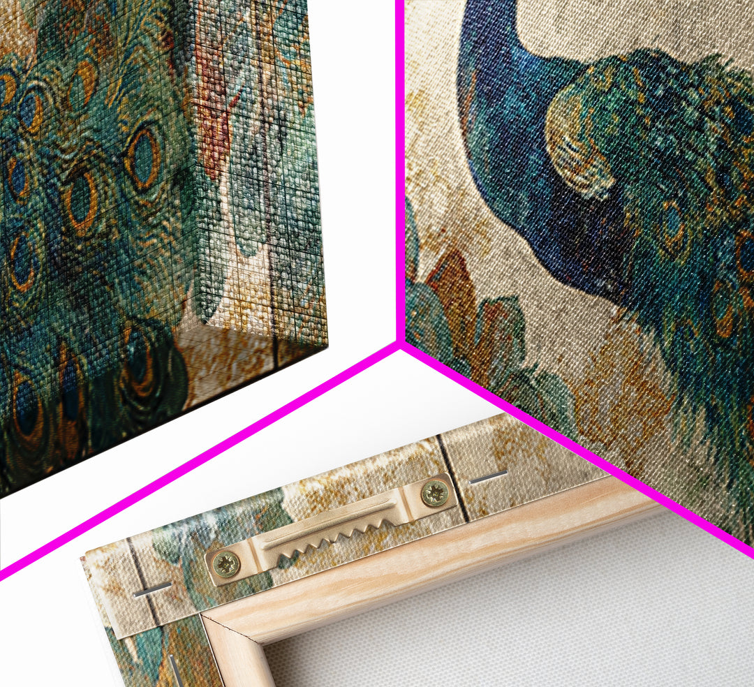 Peacock with Jewel Tone Feather Pattern Canvas Print, Bird Art, Textured Painting, Living Room Decor, Oil Painting, Flight, BIR-3x1-95