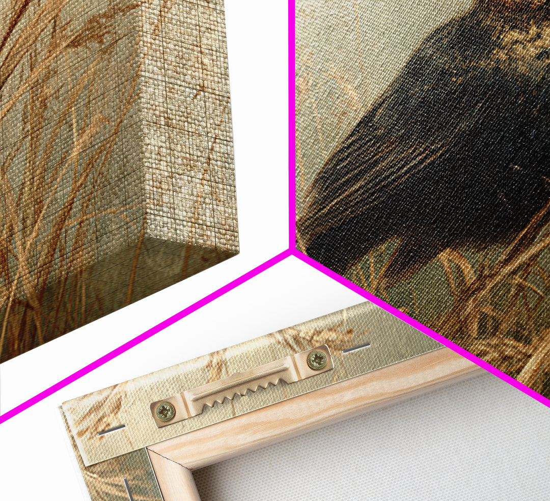 Blackbird on Gold Wheat Field Framed Canvas Print, Bird Art, Fine Art Print, Living Room Decor, Oil Painting, Flight, BIR-3x2-100