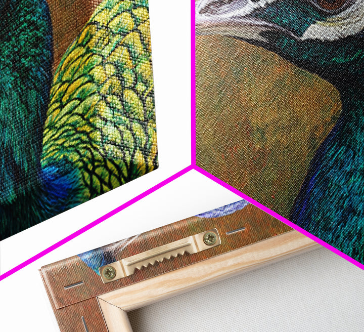 Peacock with Jewel Tone Feather Pattern Canvas Print, Bird Art, Mid Century Wall Art, Living Room Decor, Fine Art, Flight, BIR-3x2-11