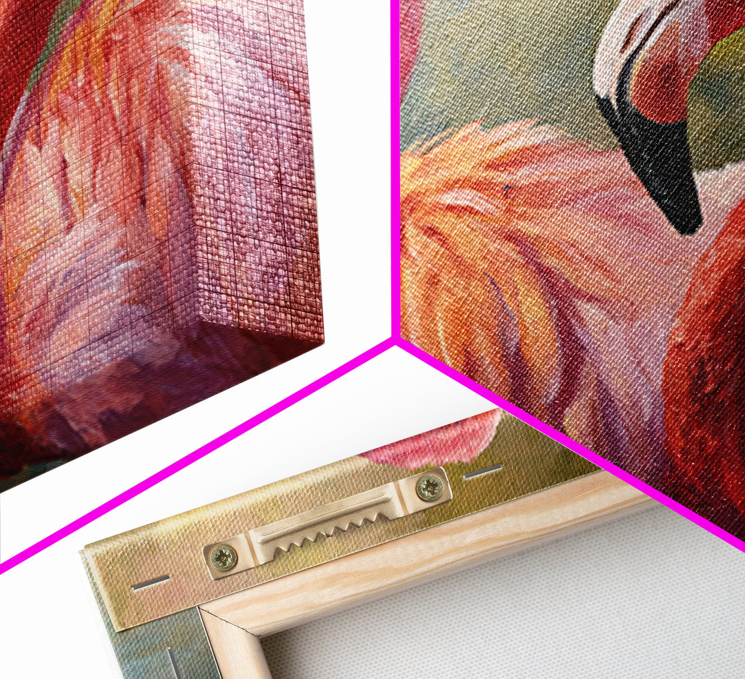Flamingo Pair in Coral Water Reflections Framed Canvas Print, Bird Art, Original Art, Living Room Decor, Fine Art, Flight, BIR-3x2-14