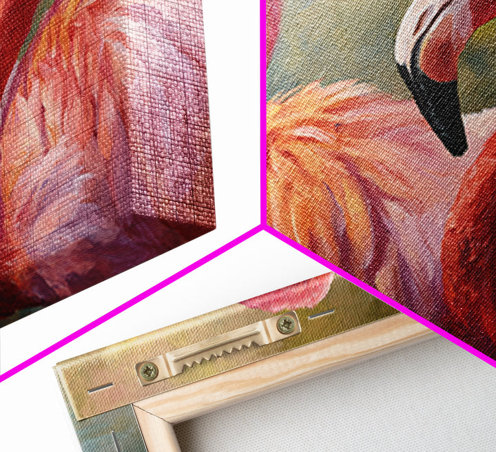 Flamingo Pair in Coral Water Reflections Framed Canvas Print, Bird Art, Original Art, Living Room Decor, Fine Art, Flight, BIR-3x2-14