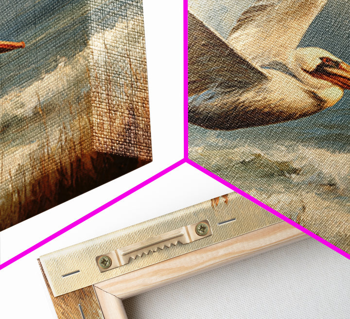 Pelican Flying over Coastal Waves Framed Canvas Print, Bird Art, Boho Wall Decor, Living Room Decor, Fine Art, Flight, BIR-3x2-46