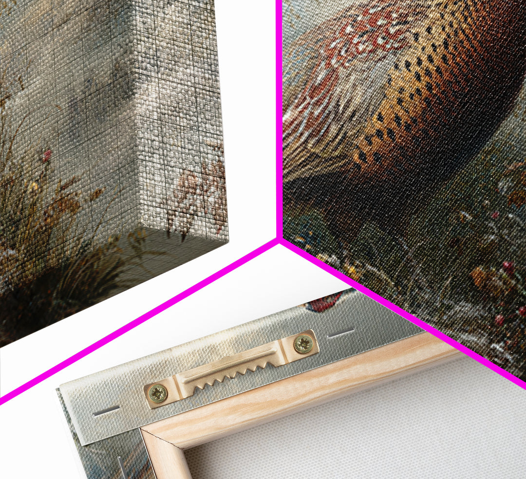 Pheasant with Ornate Feather Details Framed Canvas Print, Bird Art, Room Decor, Living Room Decor, Oil Painting, Flight, BIR-3x2-47