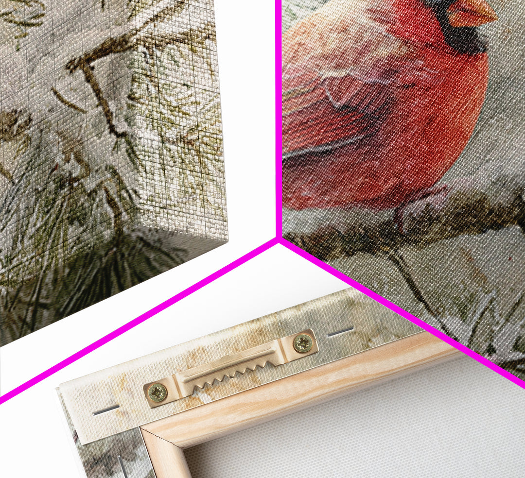 Red Cardinal on Snowy Pine Branch Framed Canvas Print, Bird Art, Mcm Decor, Living Room Decor, Oil Painting, Flight, BIR-3x2-5