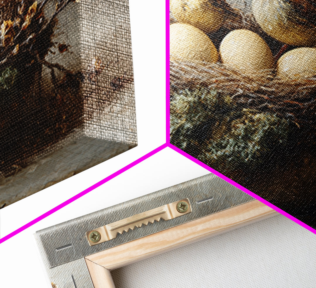Bird Nest with Eggs and Delicate Twigs Framed Canvas Print, Bird Art, Living Room Decor, Oil Painting, Flight, BIR-3x2-50