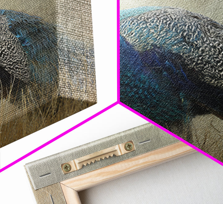Peacock with Jewel Tone Feather Pattern Framed Canvas Print, Bird Art, Art Print, Living Room Decor, Oil Painting, Flight, BIR-3x2-59