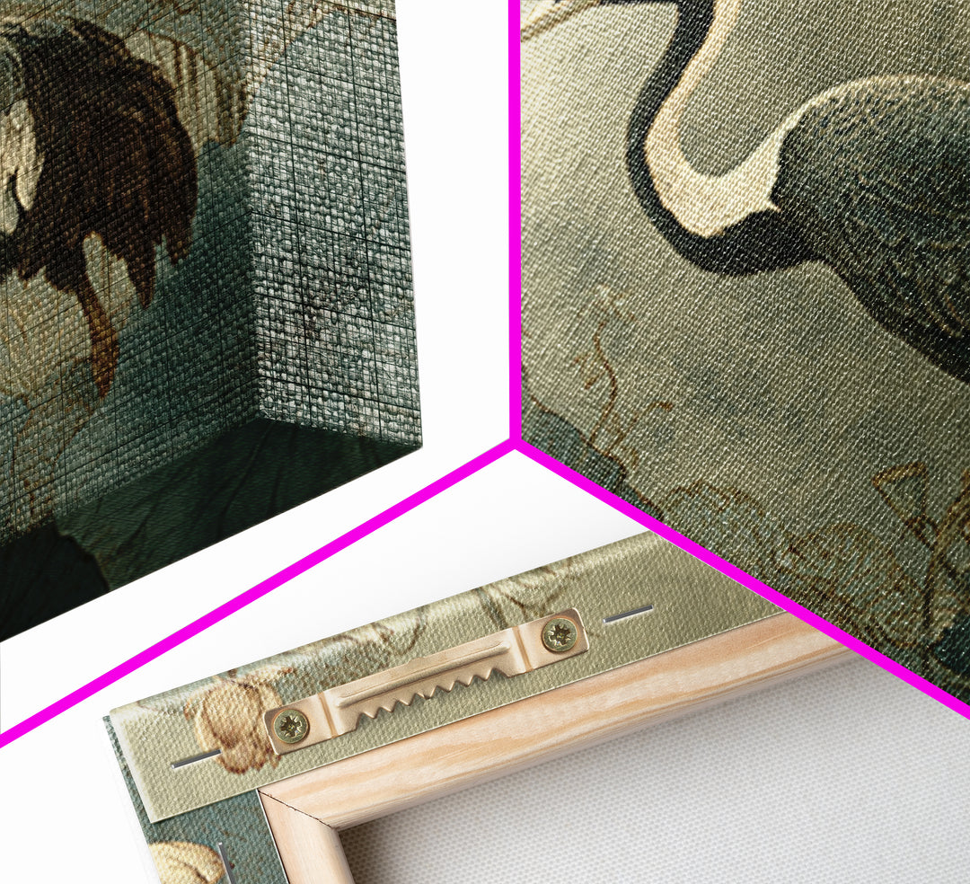 Crane and Lotus Composition Framed Canvas Print, Bird Art, Nature Prints, Living Room Decor, Fine Art, Flight, Boho Decor, BIR-3x2-69
