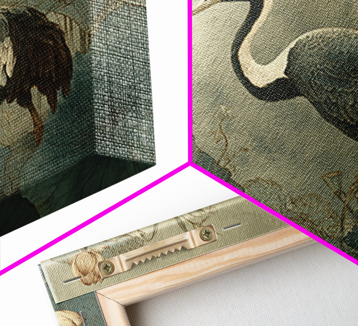 Crane and Lotus Composition Framed Canvas Print, Bird Art, Nature Prints, Living Room Decor, Fine Art, Flight, Boho Decor, BIR-3x2-69