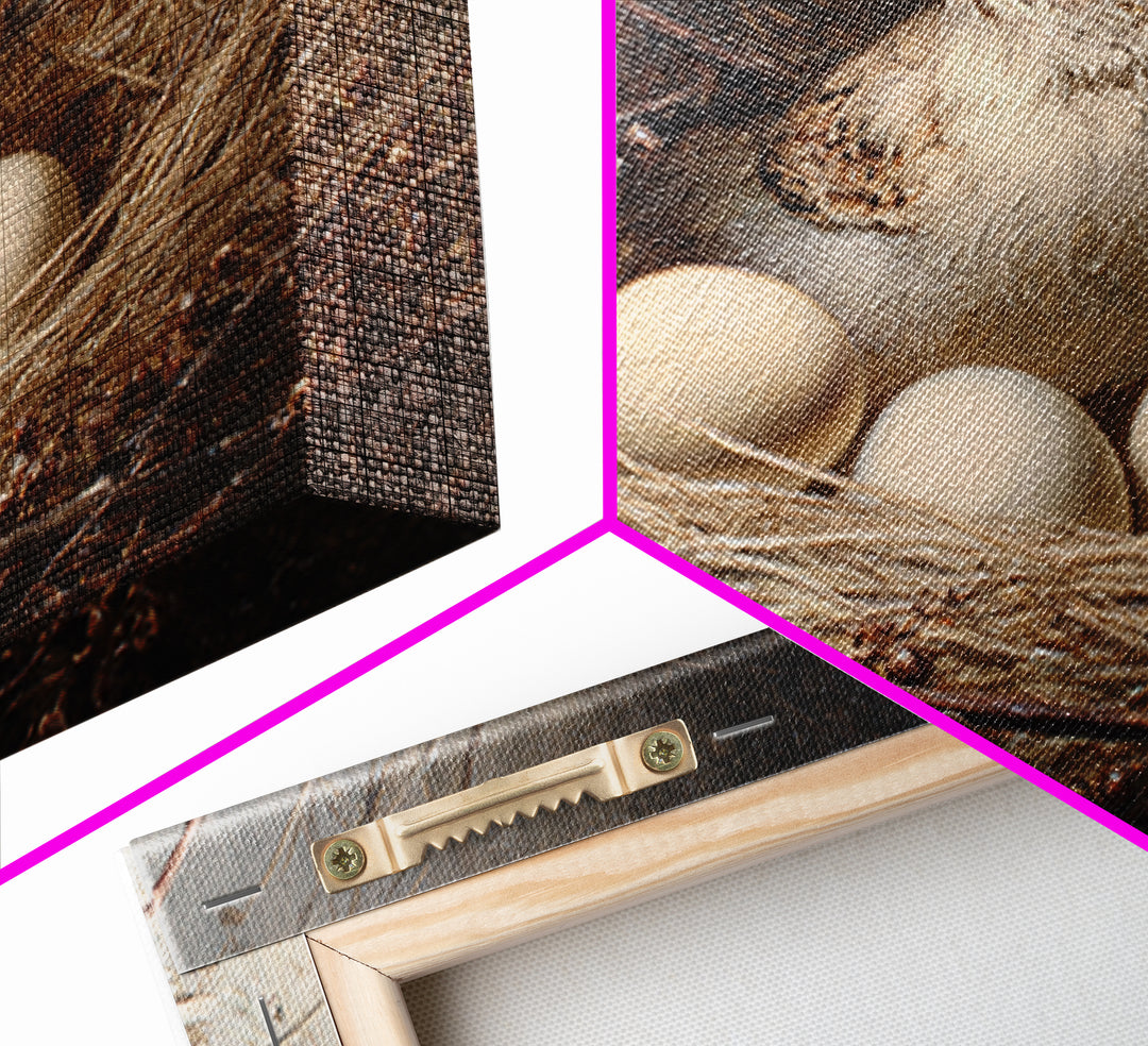 Bird Nest with Eggs and Delicate Twigs Framed Canvas Print, Bird Art, Living Room Decor, Oil Painting, Flight, BIR-3x2-74