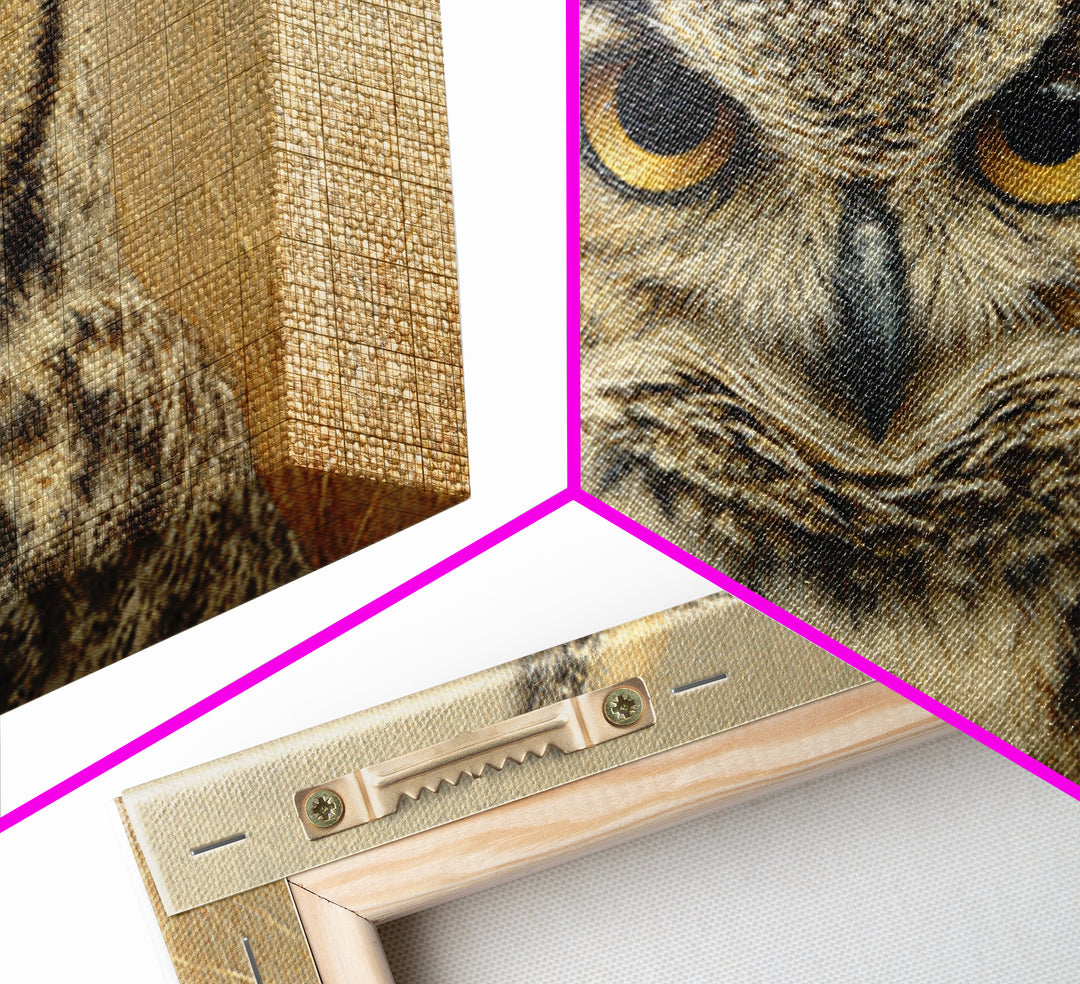 Owl Portrait with Wise Golden Eyes Framed Canvas Print, Bird Art, Bird Wall Art, Living Room Decor, Oil Painting, Flight, BIR-3x2-81