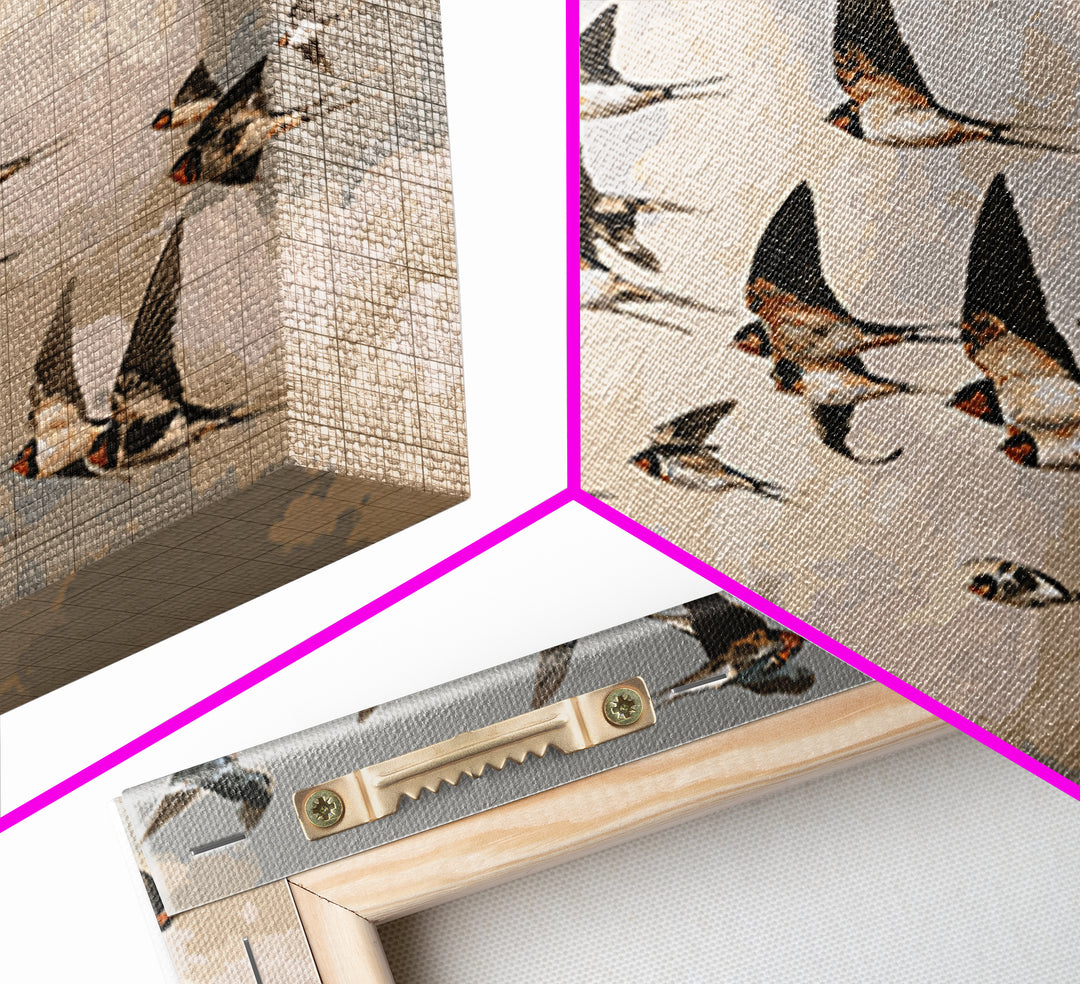 Flock of Swallows Sweeping Across Open Sky Framed Canvas Print, Bird Art, Nature Prints, Living Room Decor, Oil Painting, BIR-3x2-82