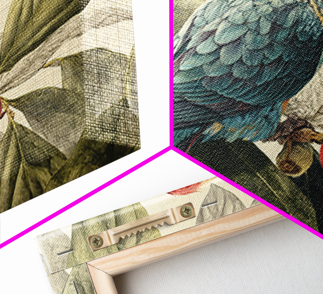 Parrot Among Tropical Leaves and Fruit Canvas Print, Bird Art, Rustic Home Decor, Living Room Decor, Oil Painting, Flight, BIR-3x2-89