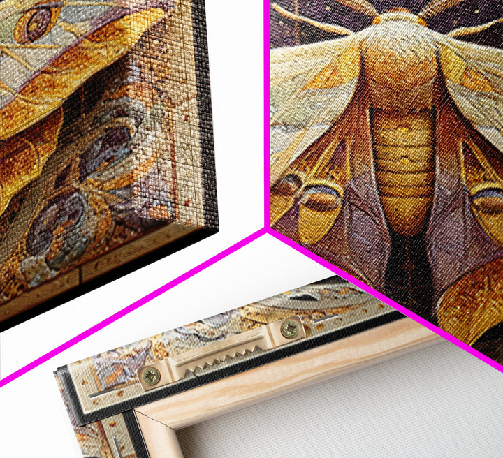 Golden Moth with Moon and Stars Canvas Print, Boho Art, Luxury Decor, Living Room Decor, Fine Art, Bohemian, Digital Art, BOH-1x1-17