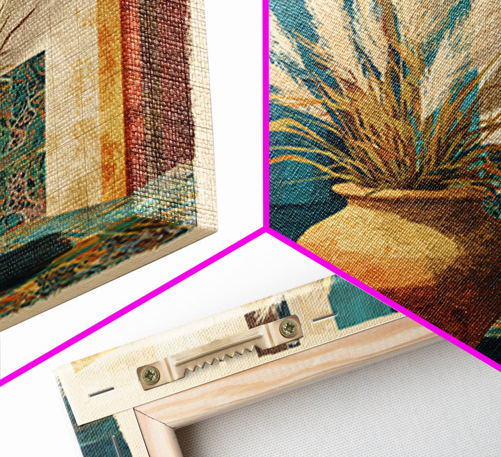 Bohemian Vase with Dried Pampas Grass Framed Canvas Print, Boho Art, Prints, Living Room Decor, Abstract Art, Bohemian, BOH-1x1-57