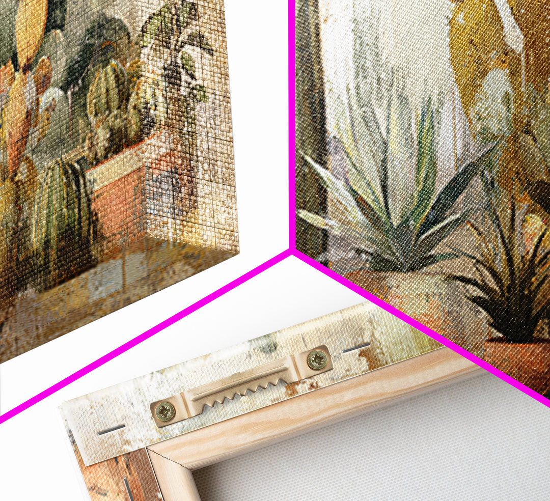 Warm Neutral Cactus Garden Illustration Framed Canvas Print, Boho Art, Living Room Decor, Watercolor Art, Bohemian, BOH-2x1-14