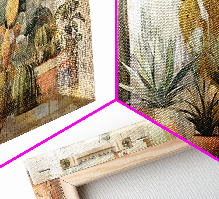 Warm Neutral Cactus Garden Illustration Framed Canvas Print, Boho Art, Living Room Decor, Watercolor Art, Bohemian, BOH-2x1-14