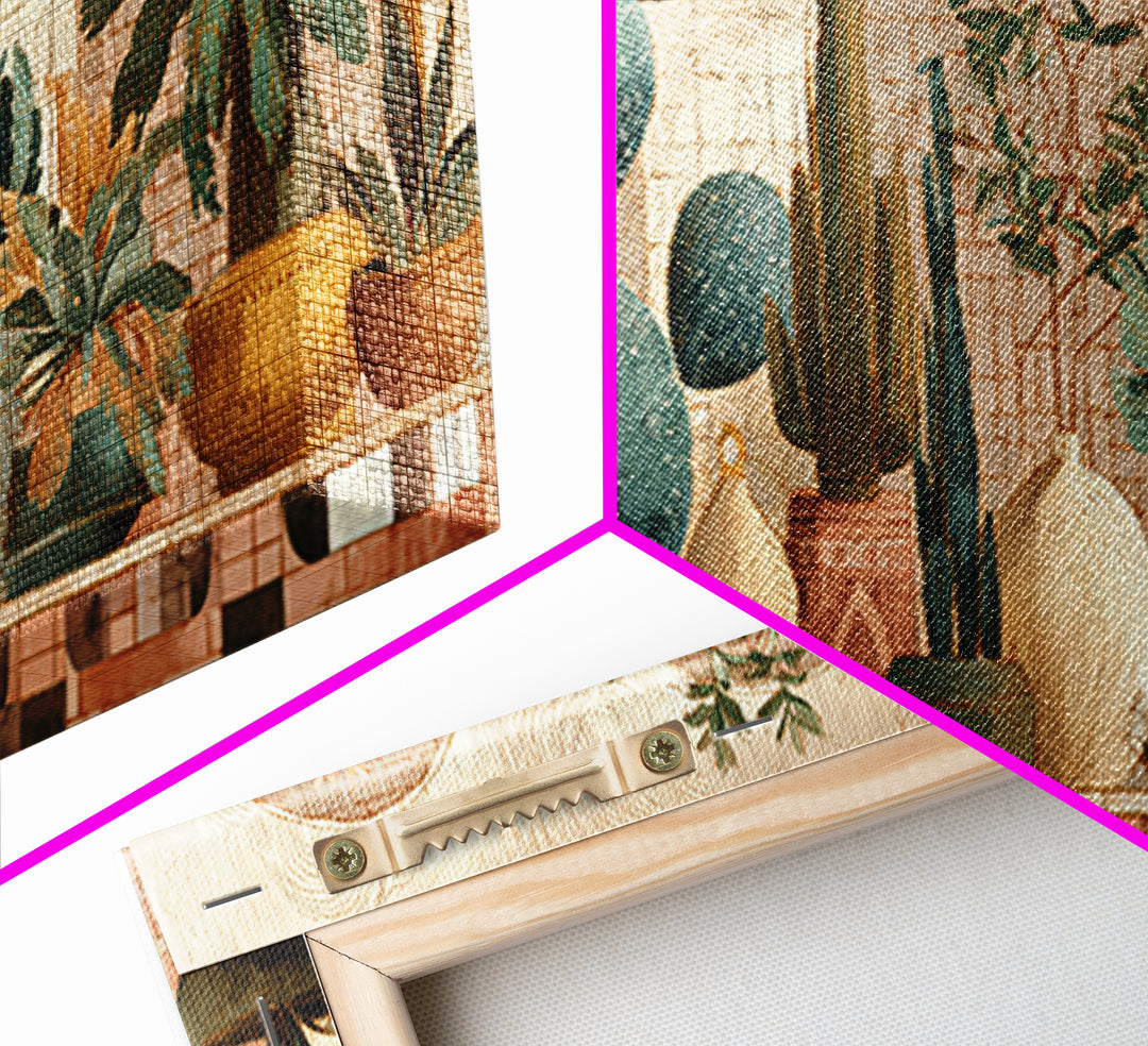 Warm Neutral Cactus Garden Illustration Framed Canvas Print, Boho Art, Living Room Decor, Watercolor Art, Bohemian, BOH-2x1-38