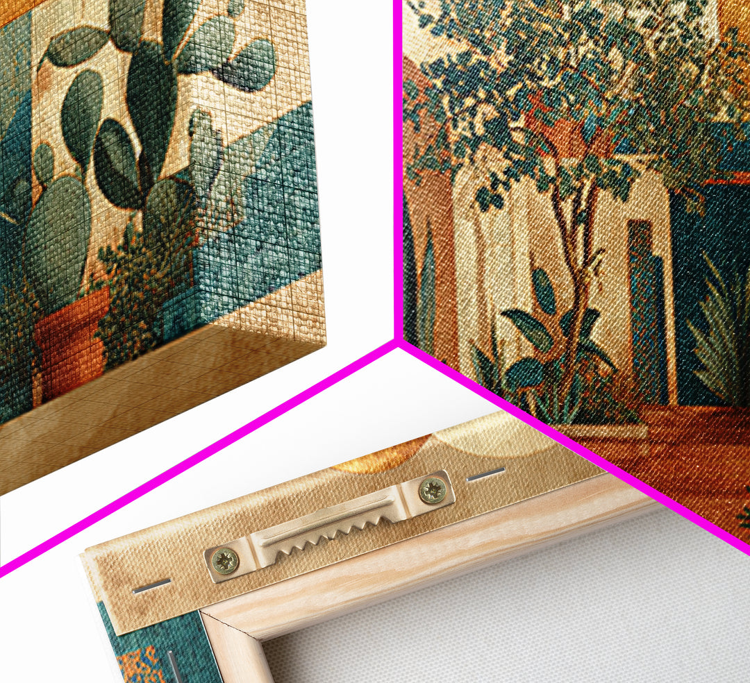 Desert Sun with Cactus and Warm Clay Framed Canvas Print, Boho Art, Printable Art, Living Room Decor, Oil Painting, Bohemian, BOH-2x1-45