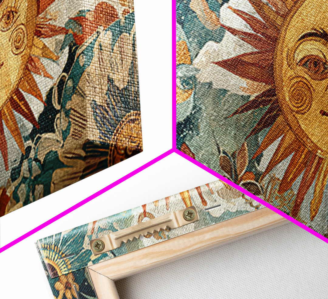Sun and Moon Celestial Folk Motif Canvas Print, Boho Art, Printable Wall Art, Living Room Decor, Bohemian, Abstract Wall Art, BOH-2x1-54