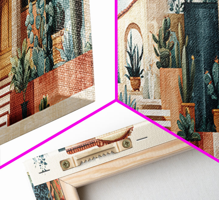 Warm Neutral Cactus Garden Illustration Framed Canvas Print, Boho Art, Digital Wall Art, Living Room Decor, Fine Art, Bohemian, BOH-3x1-10