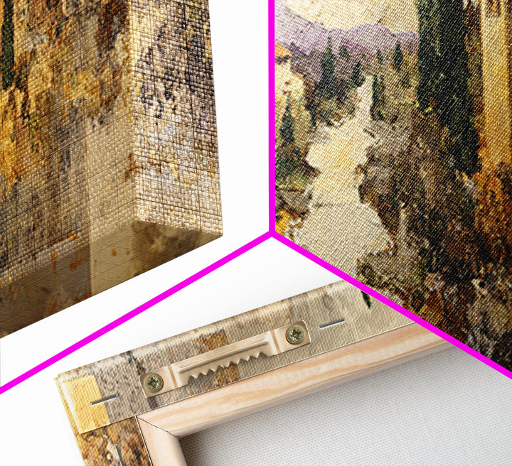 Earth Tone Mountain and River Abstraction Framed Canvas Print, Boho Art, Wall Art, Living Room Decor, Watercolor Art, Bohemian, BOH-3x1-27