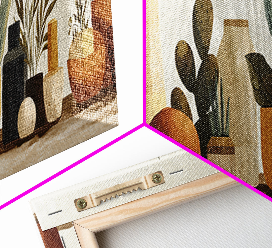 Warm Neutral Cactus Garden Illustration Canvas Print, Boho Art, Abstract Art, Living Room Decor, Bohemian 234, Set of Prints, BOH-3x1-34